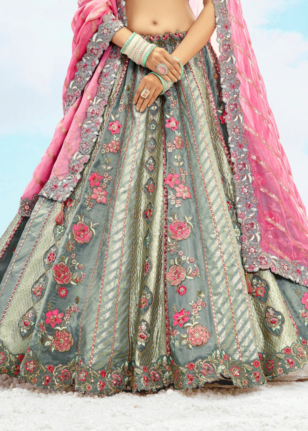 Grey and Pink Silk Lehenga With Cut Work Border