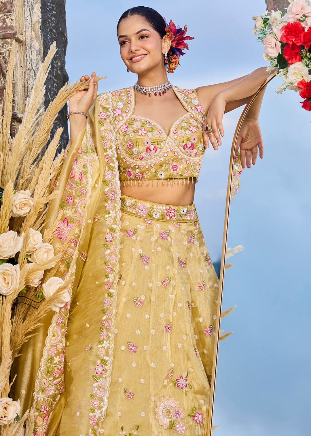 Yellow Organza Lehenga Choli with Beads & Sequince Embroidered