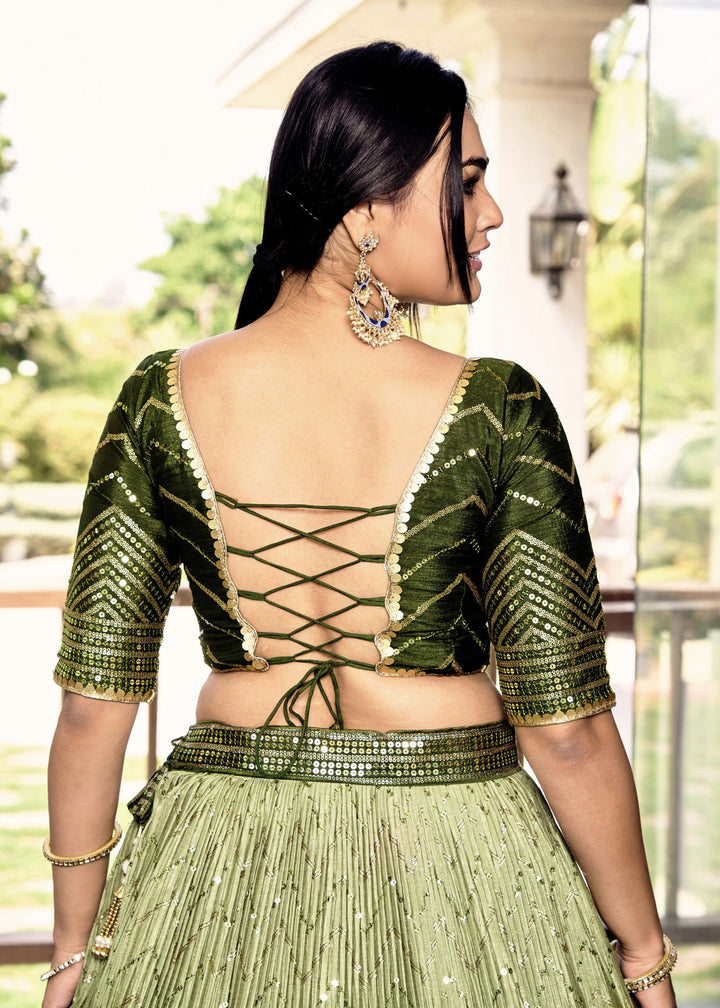 Mehendi Green Chinon Silk Lehenga With Sequence and Thread Embroidery Work