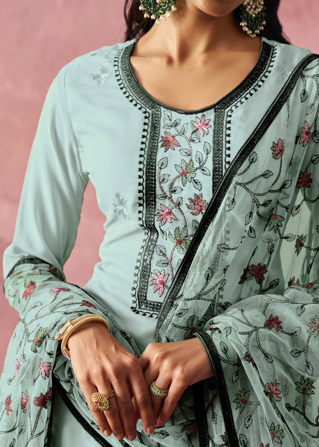 Aqua Blue Georgette Suit With Thread Embroidered Work