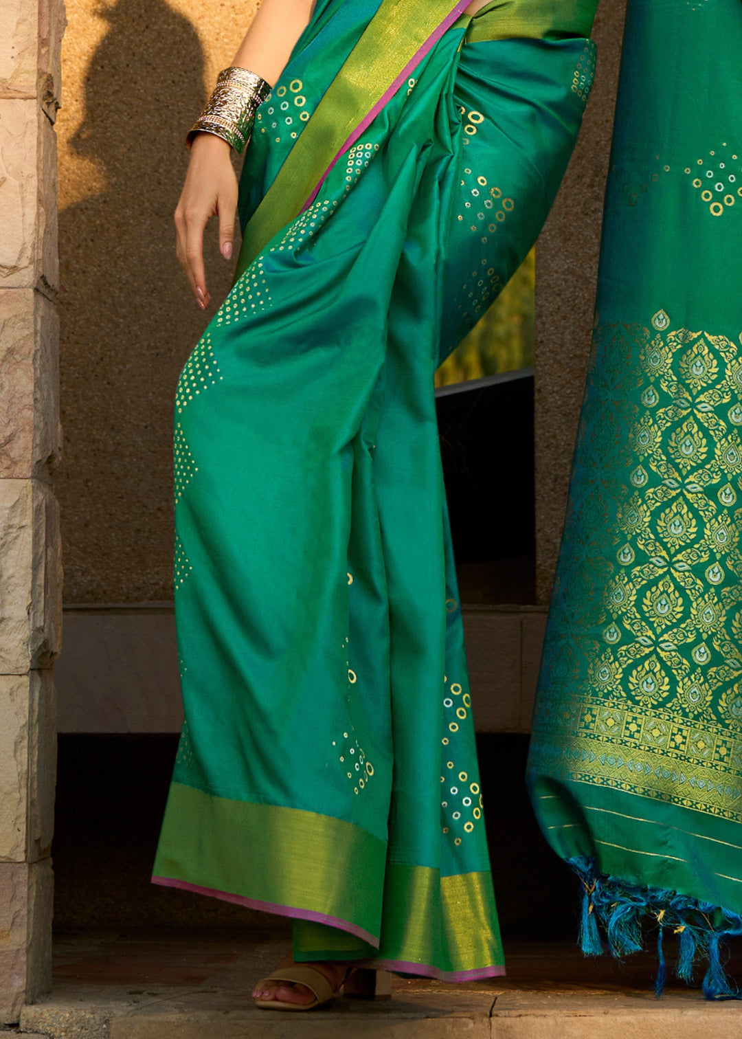 Bright Green Satin Silk Saree