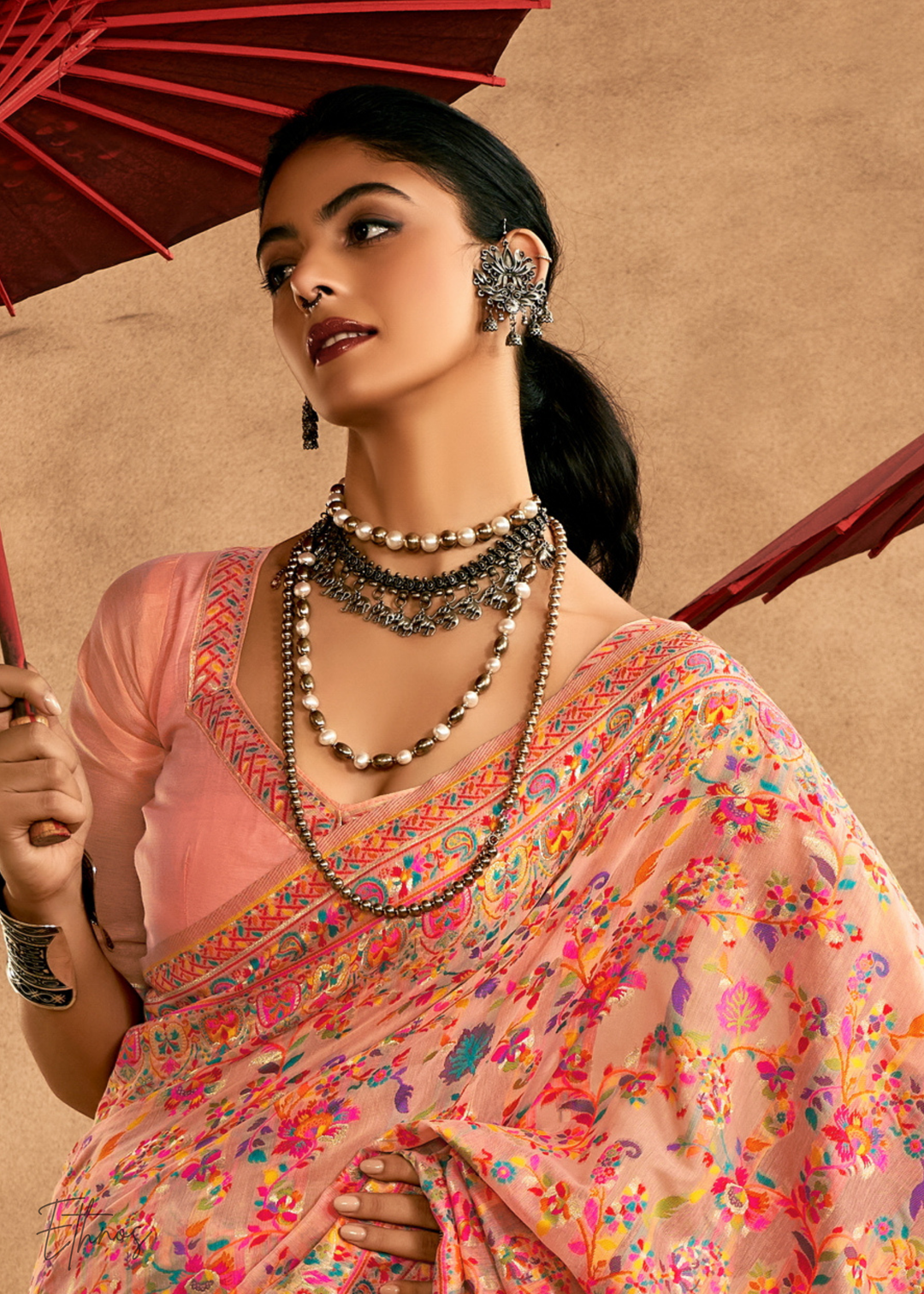 Blush Peach with Multicolour Kashmiri Floral Weave Saree