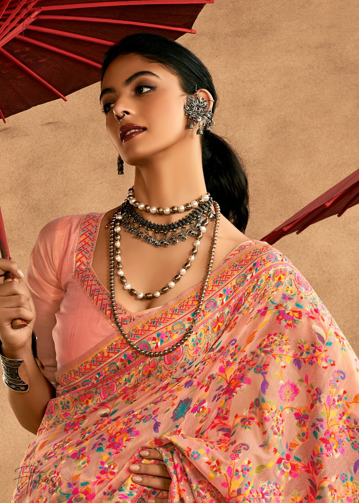 Blush Peach with Multicolour Kashmiri Floral Weave Saree