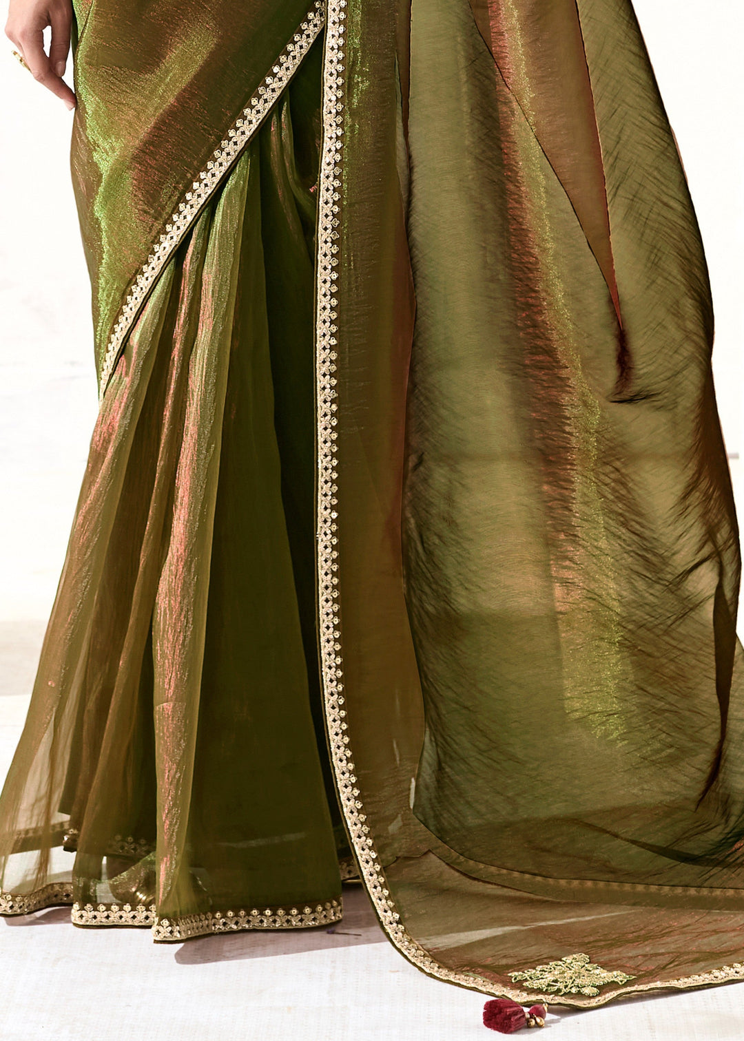 Army Green Organza Tissue Silk Saree