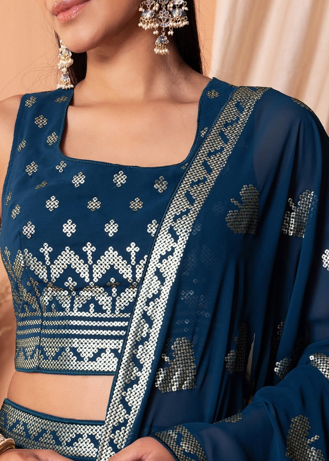 Royal Blue Georgette Lehenga Choli With Sequins And Thread Embroidery Work