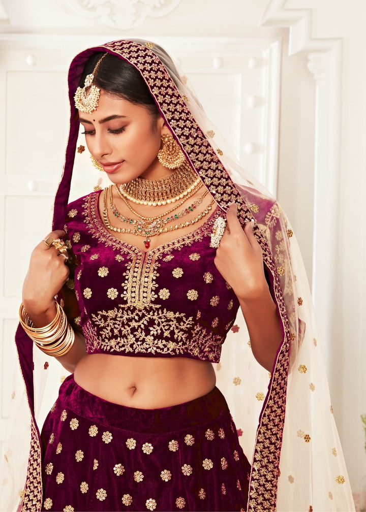 Purple Bridal Pure Velvet Zari And Sequins Embroidery Lehenga