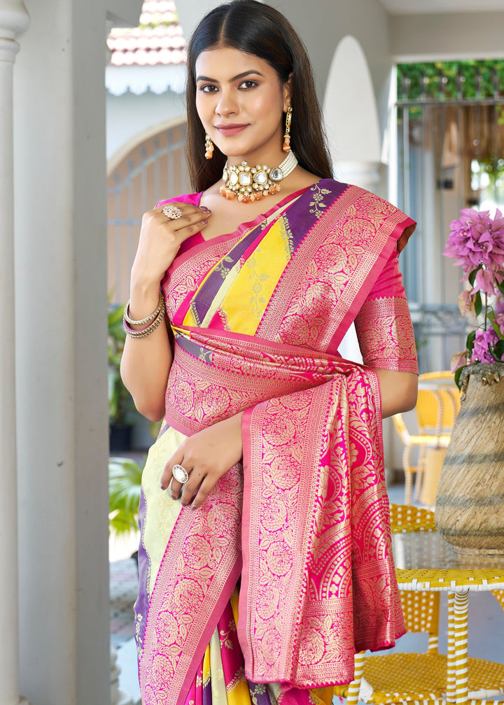 Yellow Leriya Zari Woven Banarasi Silk Saree With Contrast Pallu