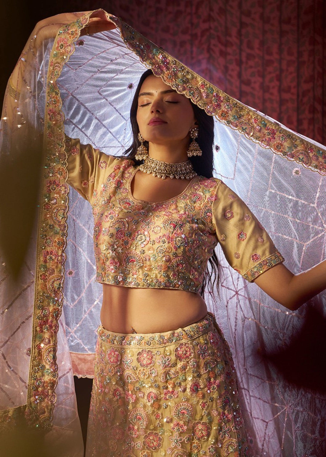 Beige Sequins Thread work Net Lehenga