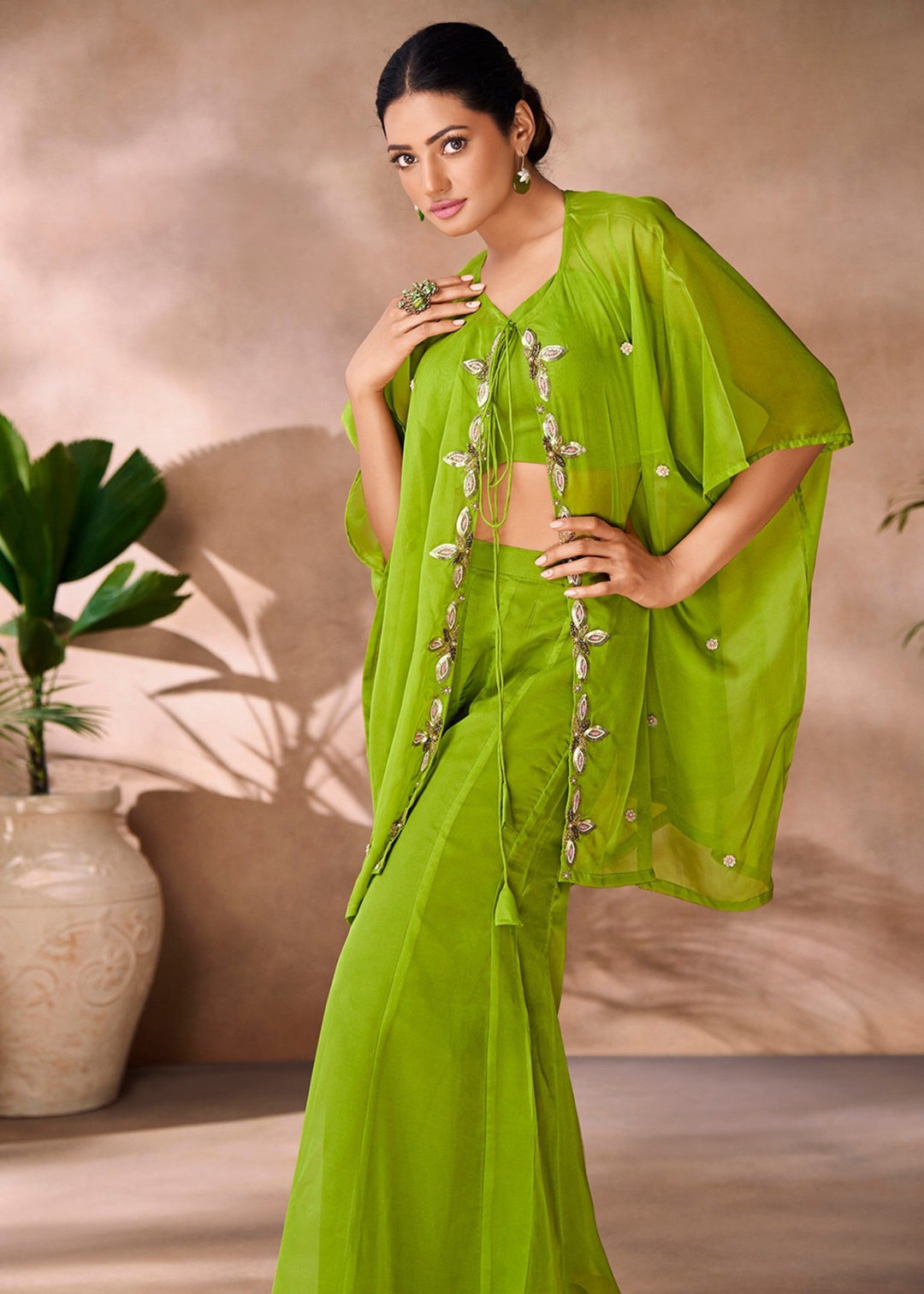 Parrot Green Organza Handwork Co-ord Set