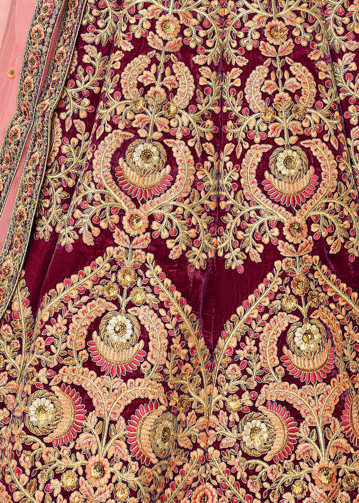 Maroon Red Velvet Lehenga Choli