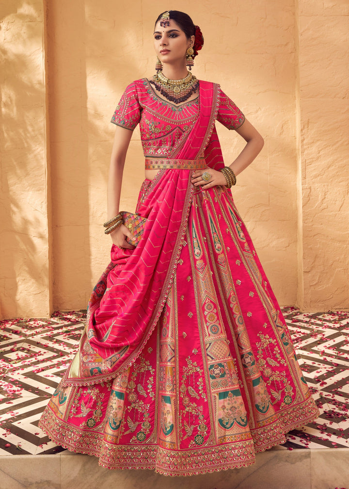 Neon Pink Banarasi Silk Lehenga Choli With Zarkan And Cut Work