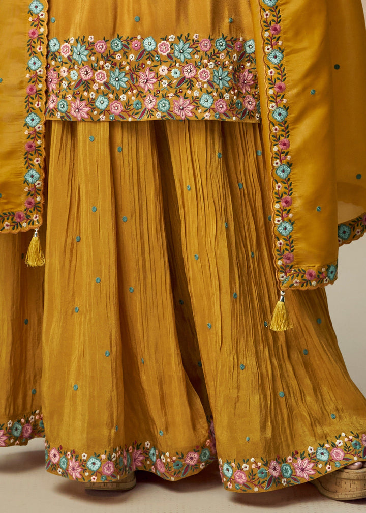 Mustard Yellow Organza Silk Plazo Suit With Dupatta