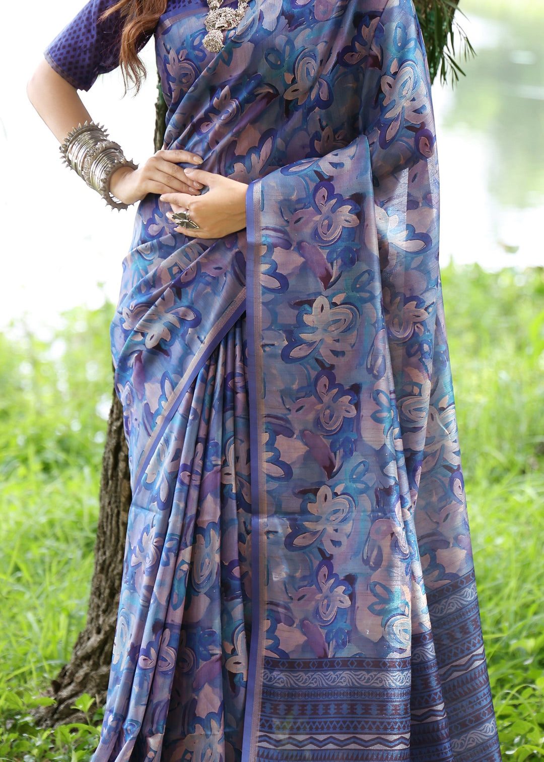 Blue Printed Cotton Silk Saree