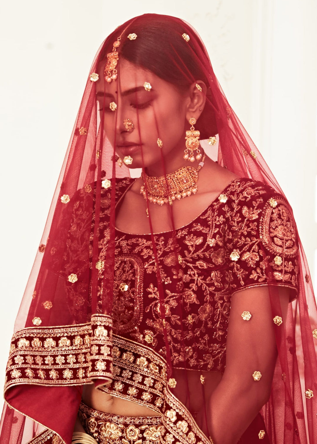 Red Velvet Lehenga With Thread, Zari, Dori and Sequins Embroidery Work