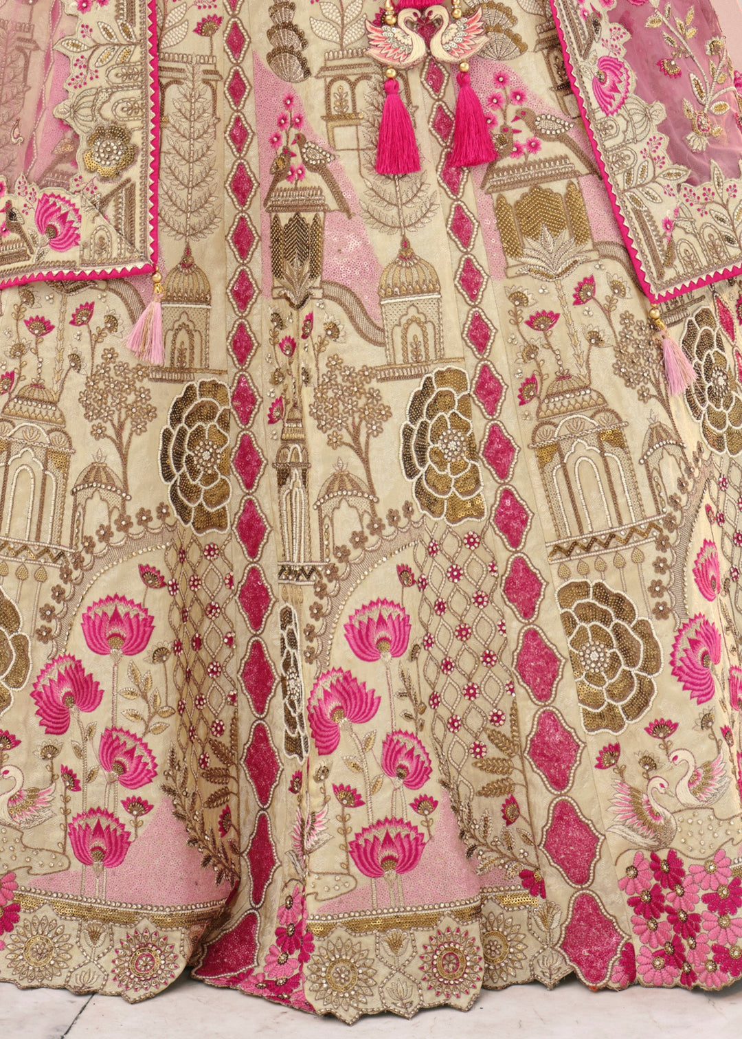 Off-White Fancy Silk Lehenga Choli With Cut Work Embroidery Border & Stone Work