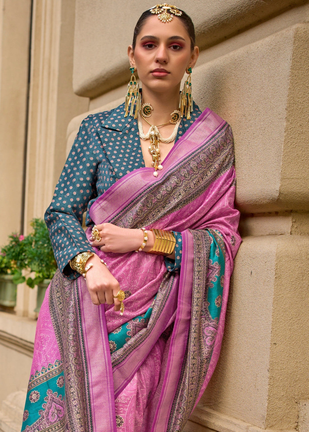 Fuscia Pink Poly Viscose Silk Saree