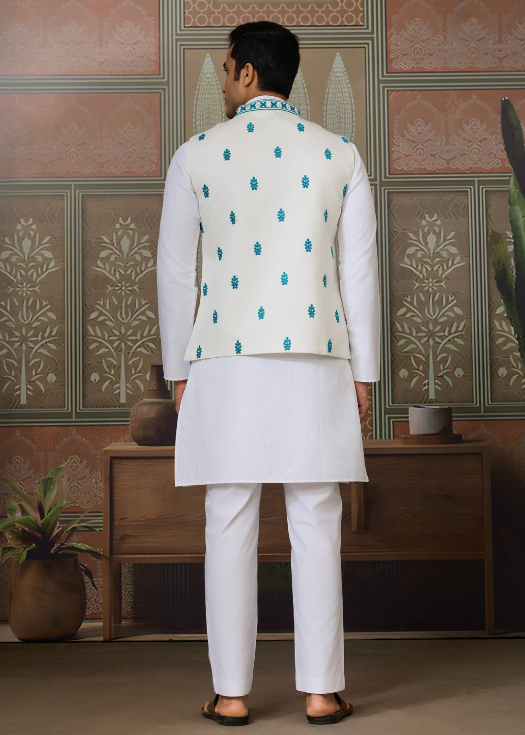 White Kurta And Pant With Powdered Blue Embroidered Nehru Jacket
