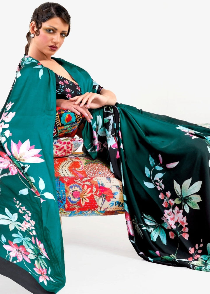 Teal Green Printed Satin Crepe Saree