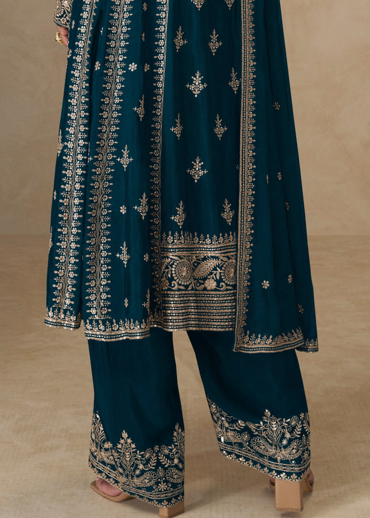 Aegean Blue Chinon Silk Suit With Embroidery Work