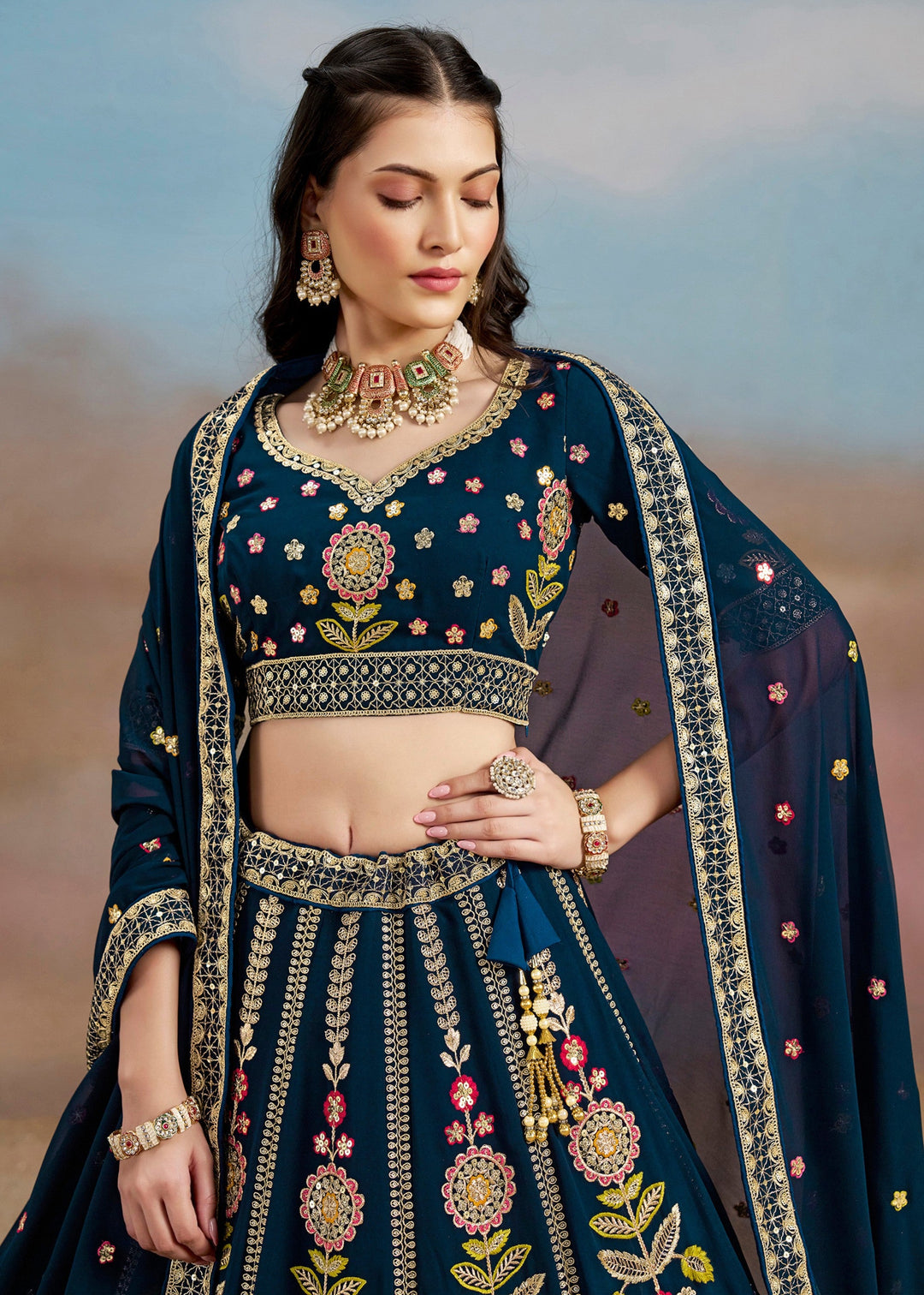 Blue Georgette Lehenga With Dupatta
