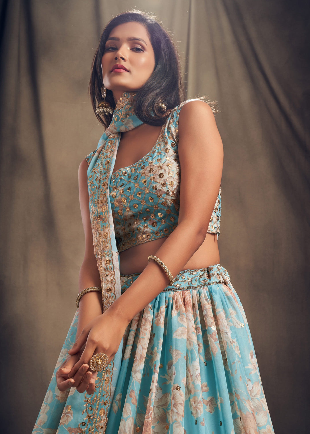 Sky Blue Organza Lehenga with Dupatta