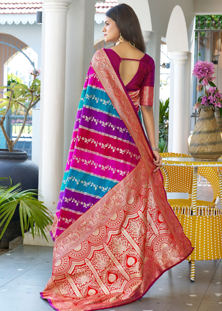 Pink Leriya Zari Woven Banarasi Silk Saree With Contrast Pallu