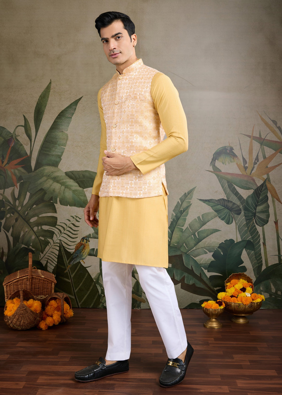 Yellow Mens Wear Koti Style with Kurta and Pajama