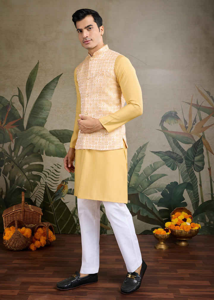 Yellow Mens Wear Koti Style with Kurta and Pajama