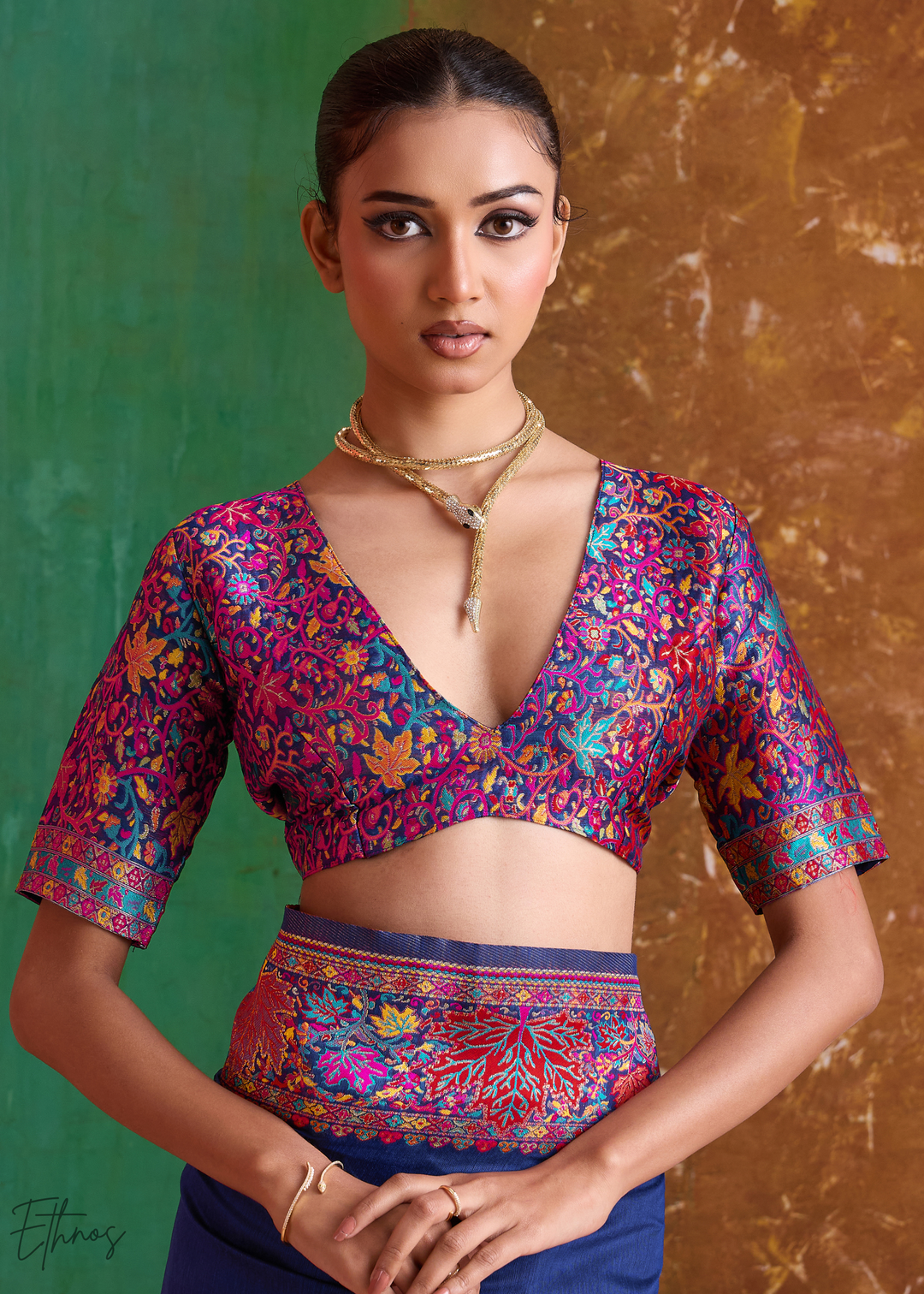 Navy Blue with Multicolour Floral Weave Saree