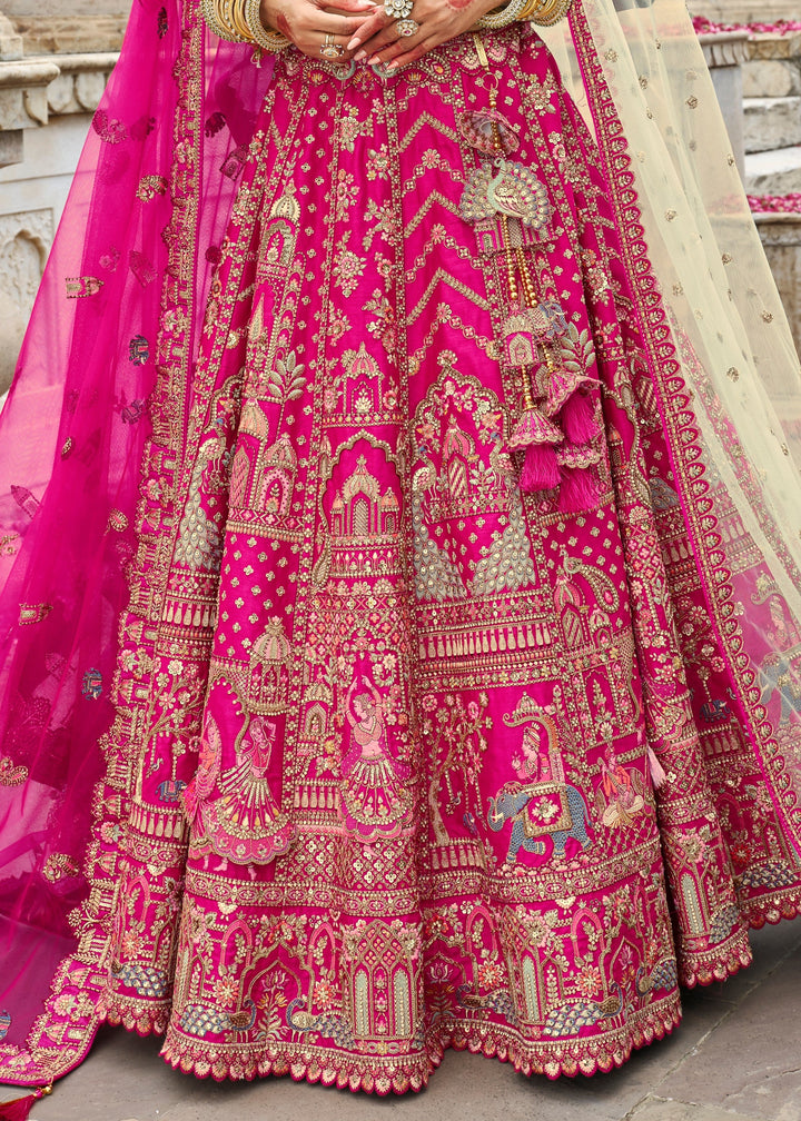 Barbie Pink Heavy Bridal Silk Lehenga With Khatli And Embroidery Work