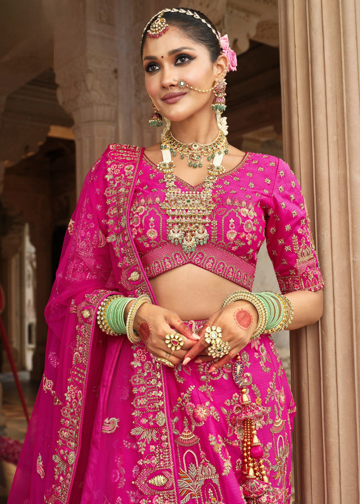 Magenta Pink Heavy Bridal Silk Lehenga With Khatli And Embroidery Work