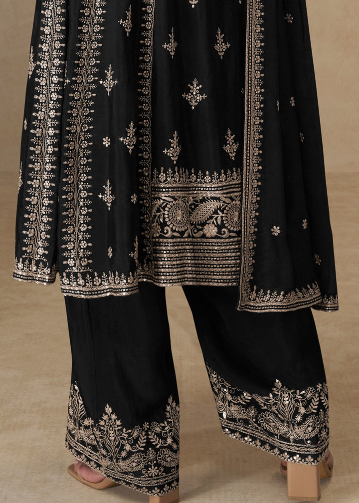 Raven Black Chinon Silk Suit With Embroidery Work