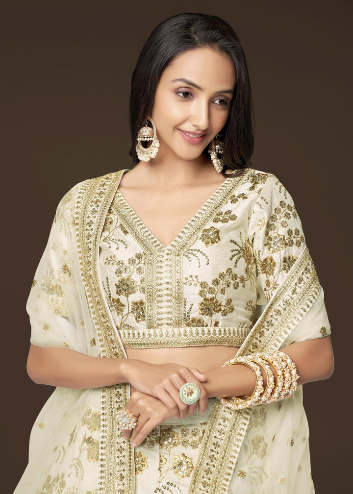 White Slub Silk Lehenga with Zari Sequins and Dori Embroidery Work