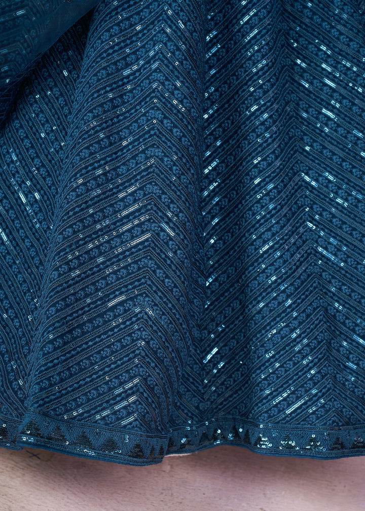 Teal Blue Georgette Lehenga Choli With Sequins And Thread Embroidery Work