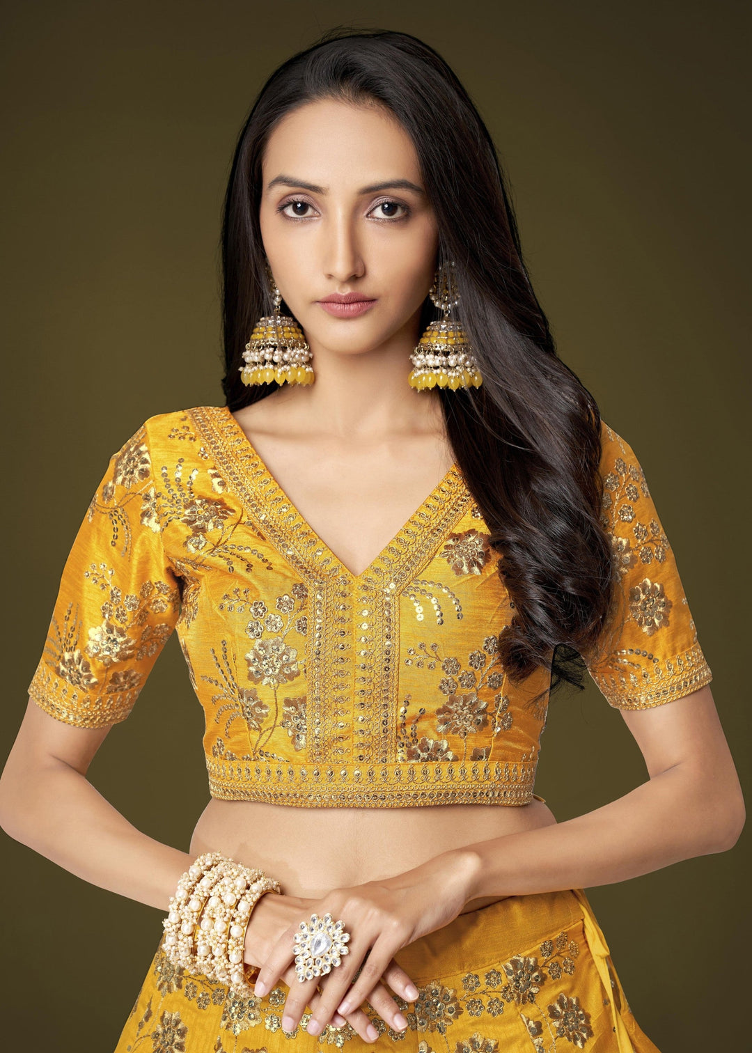 Yellow Slub Silk Lehenga with Zari Sequins and Dori Embroidery Work