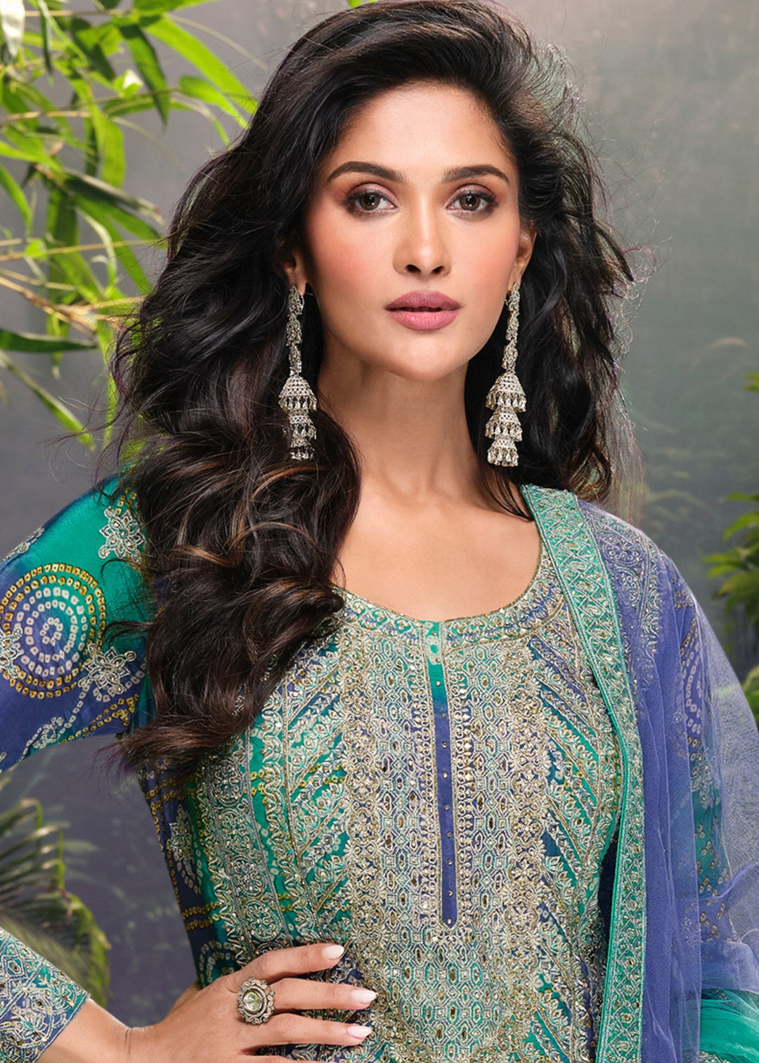 Peacock Blue Chinnon Silk Plazo Suit With Mirror & Thread Embroidered Work