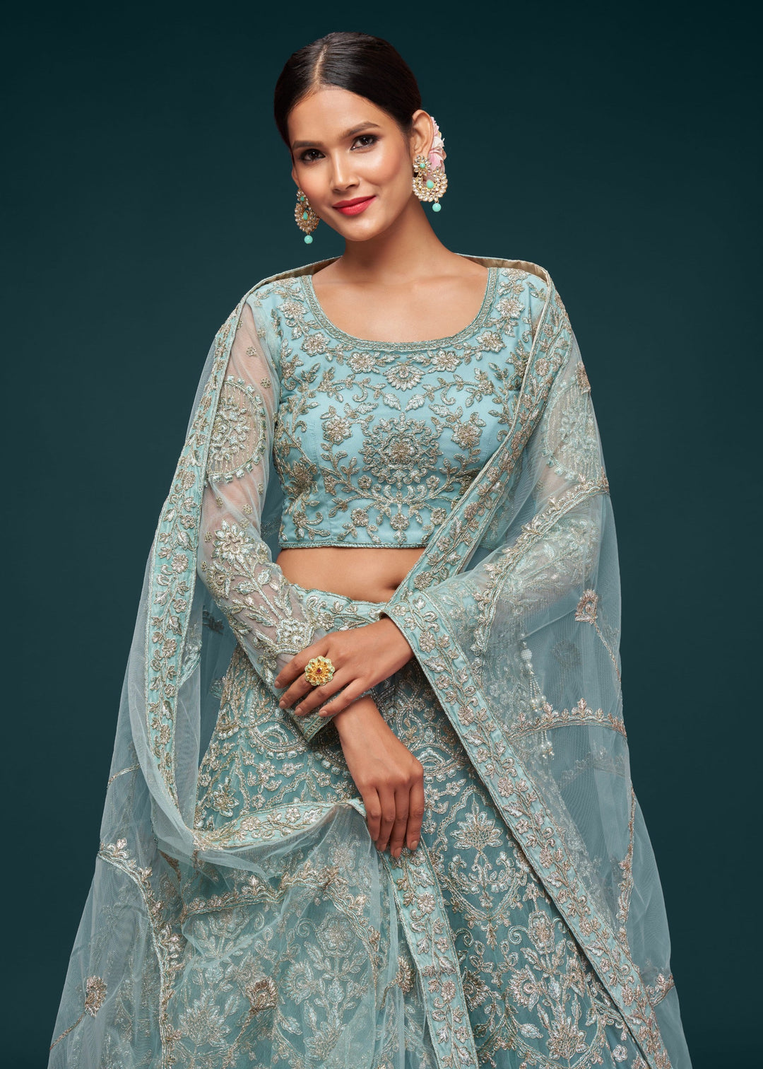 Ocean Aqua Soft Net Lehenga with Thread, Zari, Badla and Glitter Dori Embroidery Work