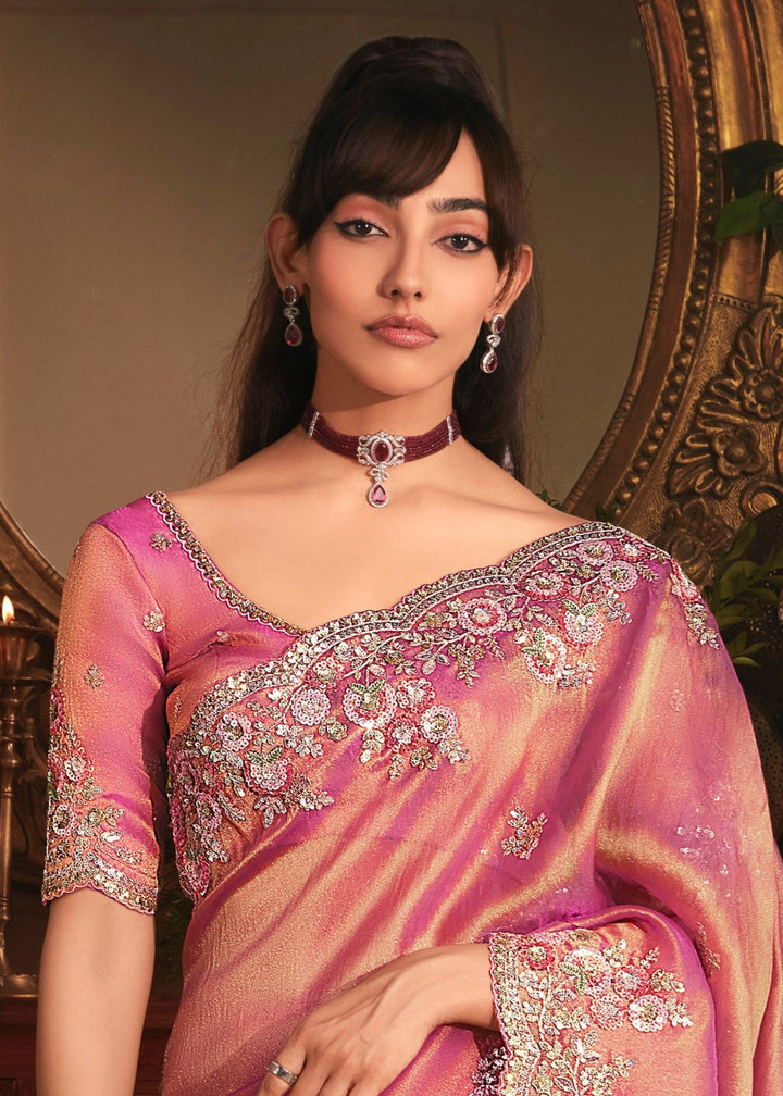 Deep Rose Pink Tissue Organza Silk Saree