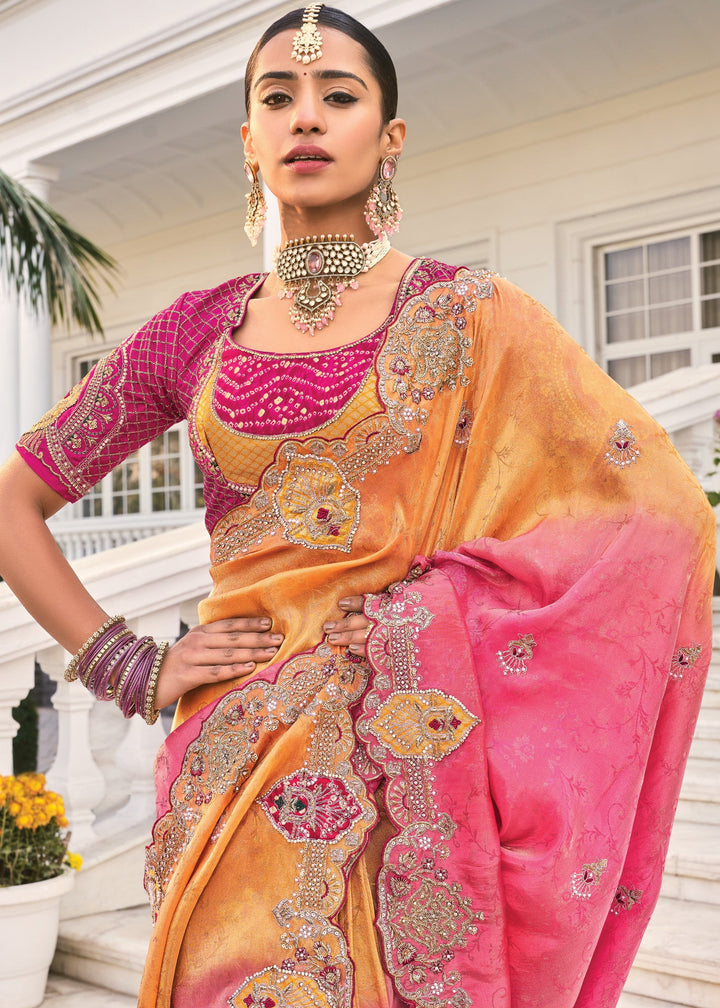 Orange Pink Crepe Silk Saree