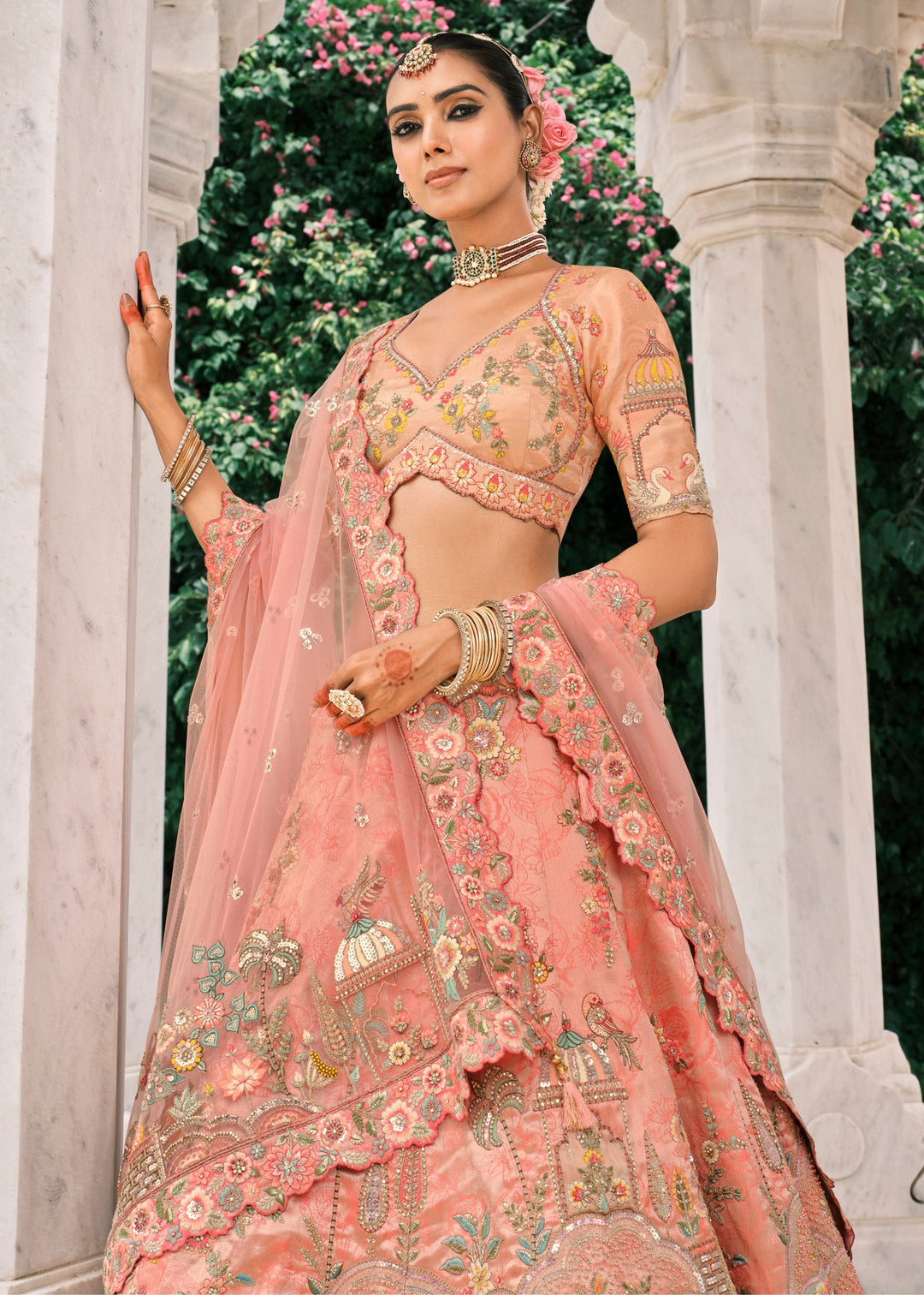 Peach Pink Fancy Silk Lehenga Choli With Cut Work Embroidery Border & Stone Work