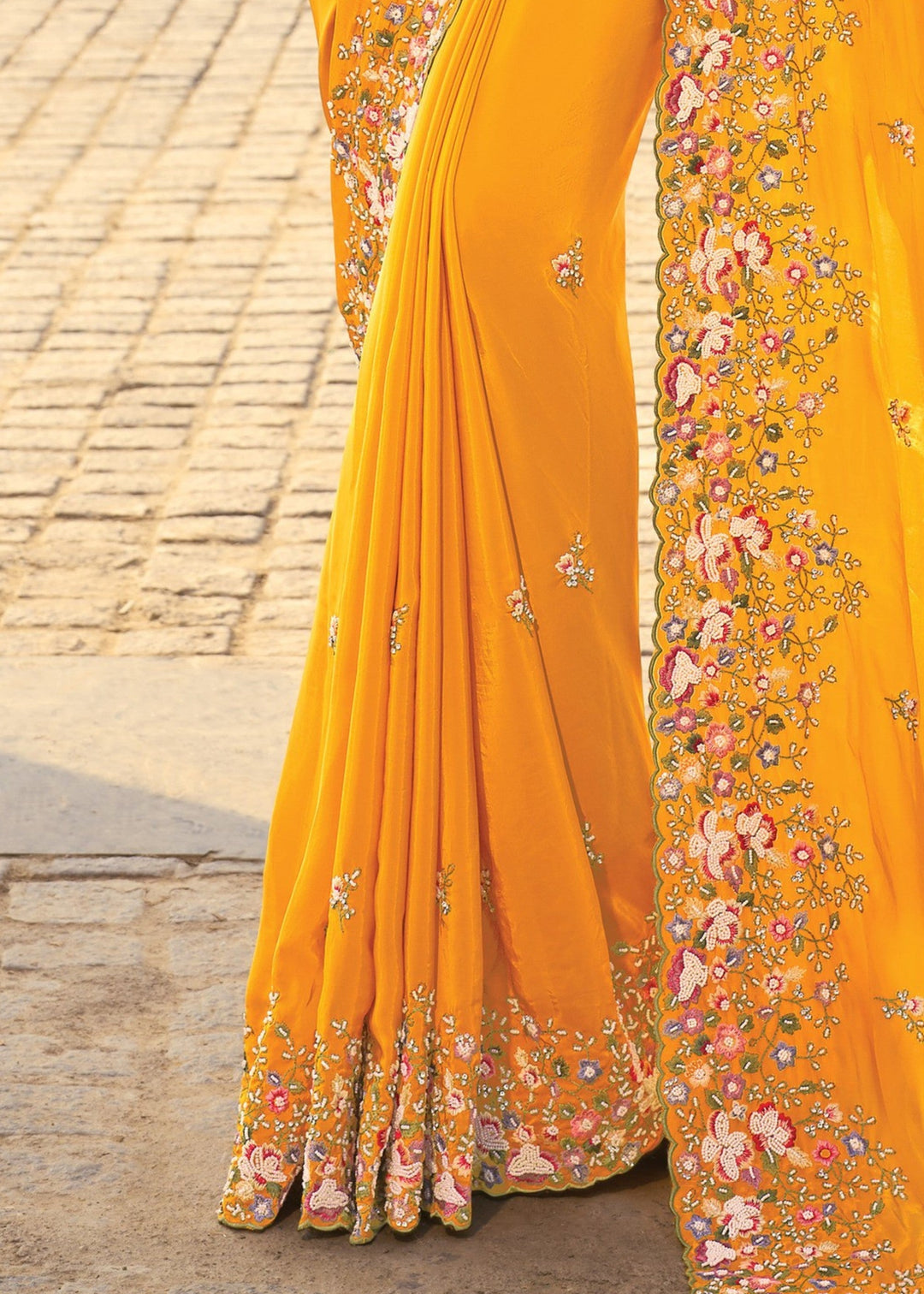 Mustard Yellow Crepe Silk Saree