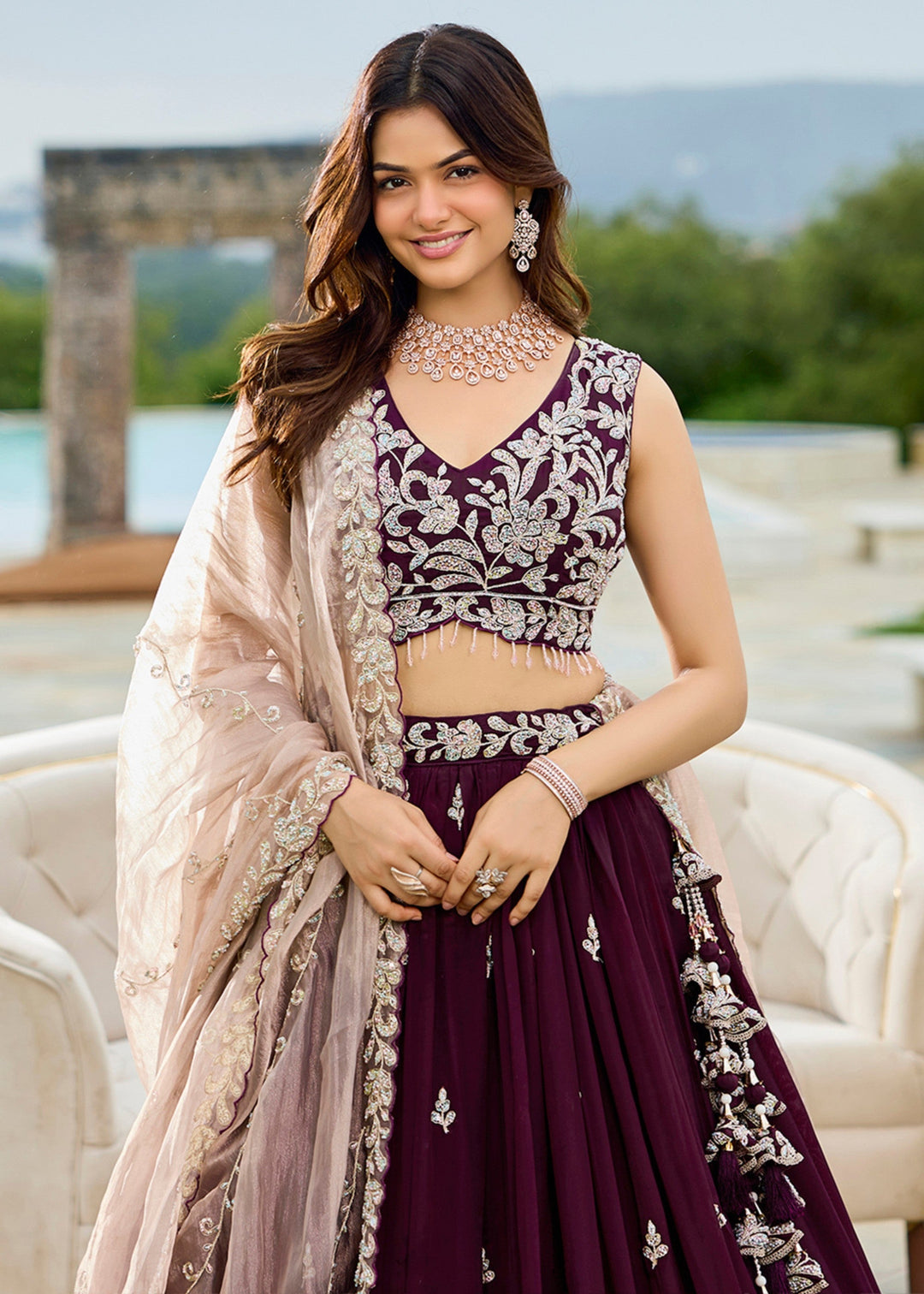 Wine Satin Silk Lehenga Choli