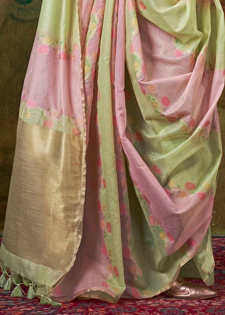 Light Pink And Green Cotton Silk Saree With Rangkaat Handloom Weaving