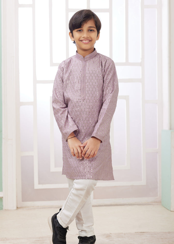 Thistle Purple Silk Mens Kurta Set With Thread Embroidery Work