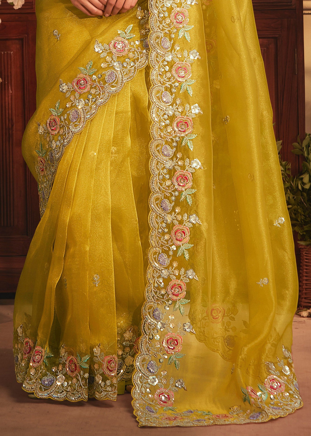 Mustard Yellow Tissue Organza Silk Saree