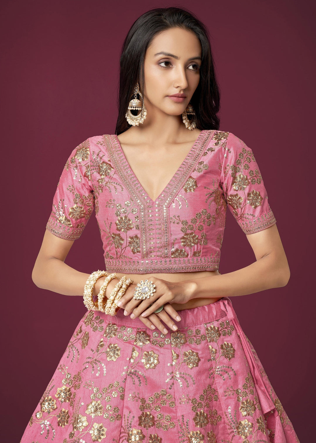Pink Slub Silk Lehenga with Zari Sequins and Dori Embroidery Work