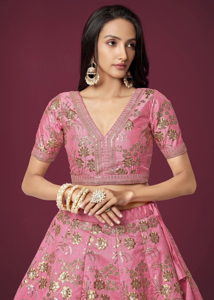 Pink Slub Silk Lehenga with Zari Sequins and Dori Embroidery Work