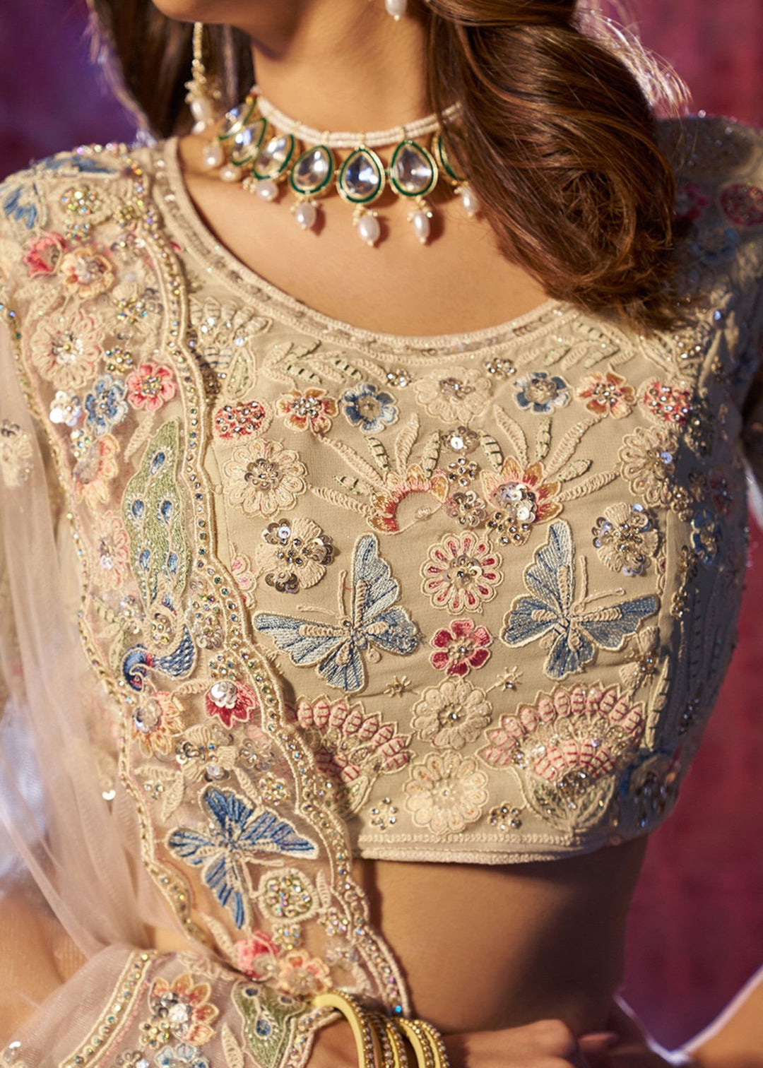White Dori Sequins Thread work Georgette Lehenga
