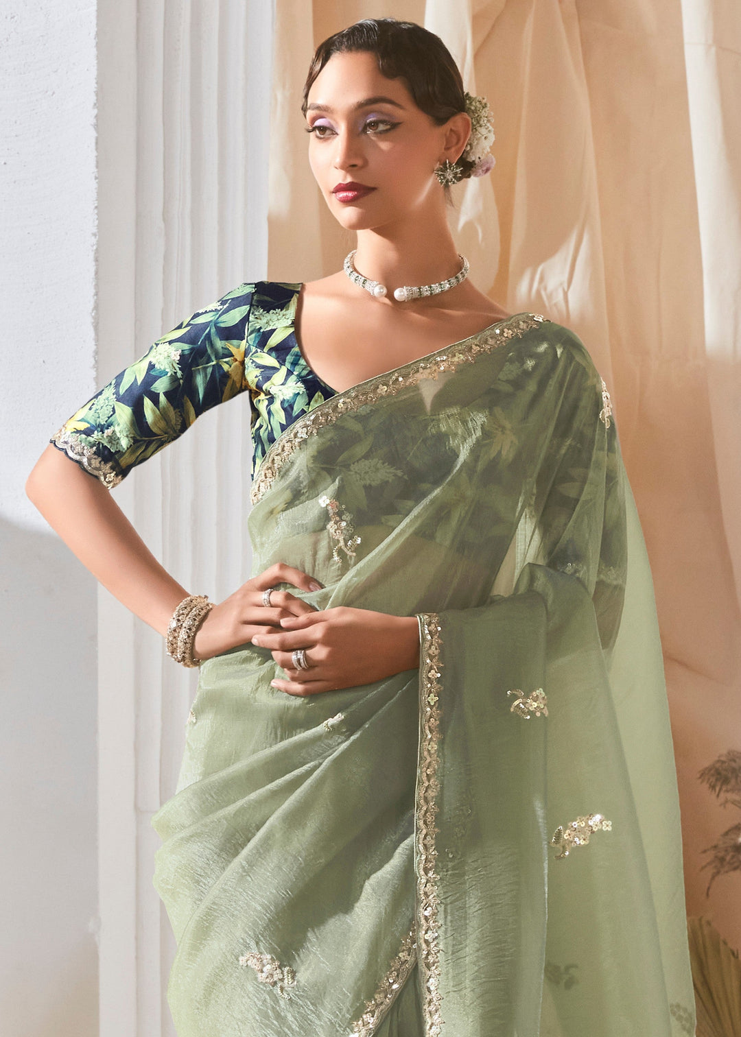 Mint Green Fancy Silk Saree With Printed Blouse