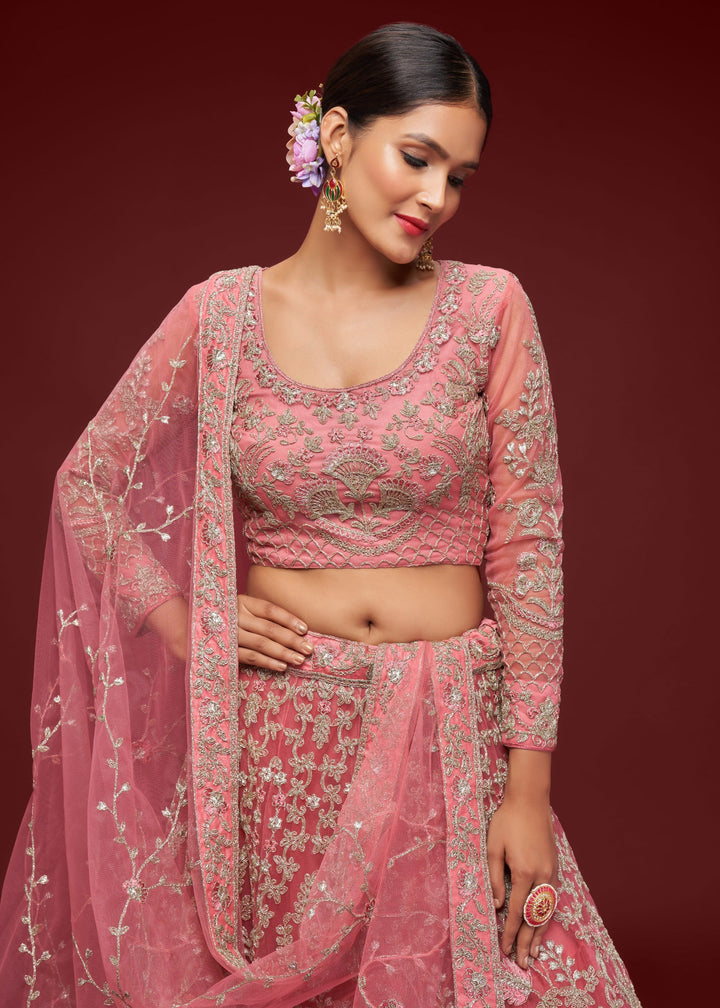 Fantasy Rose Soft Net Lehenga with Thread, Zari, Badla and Glitter Dori Embroidery Work